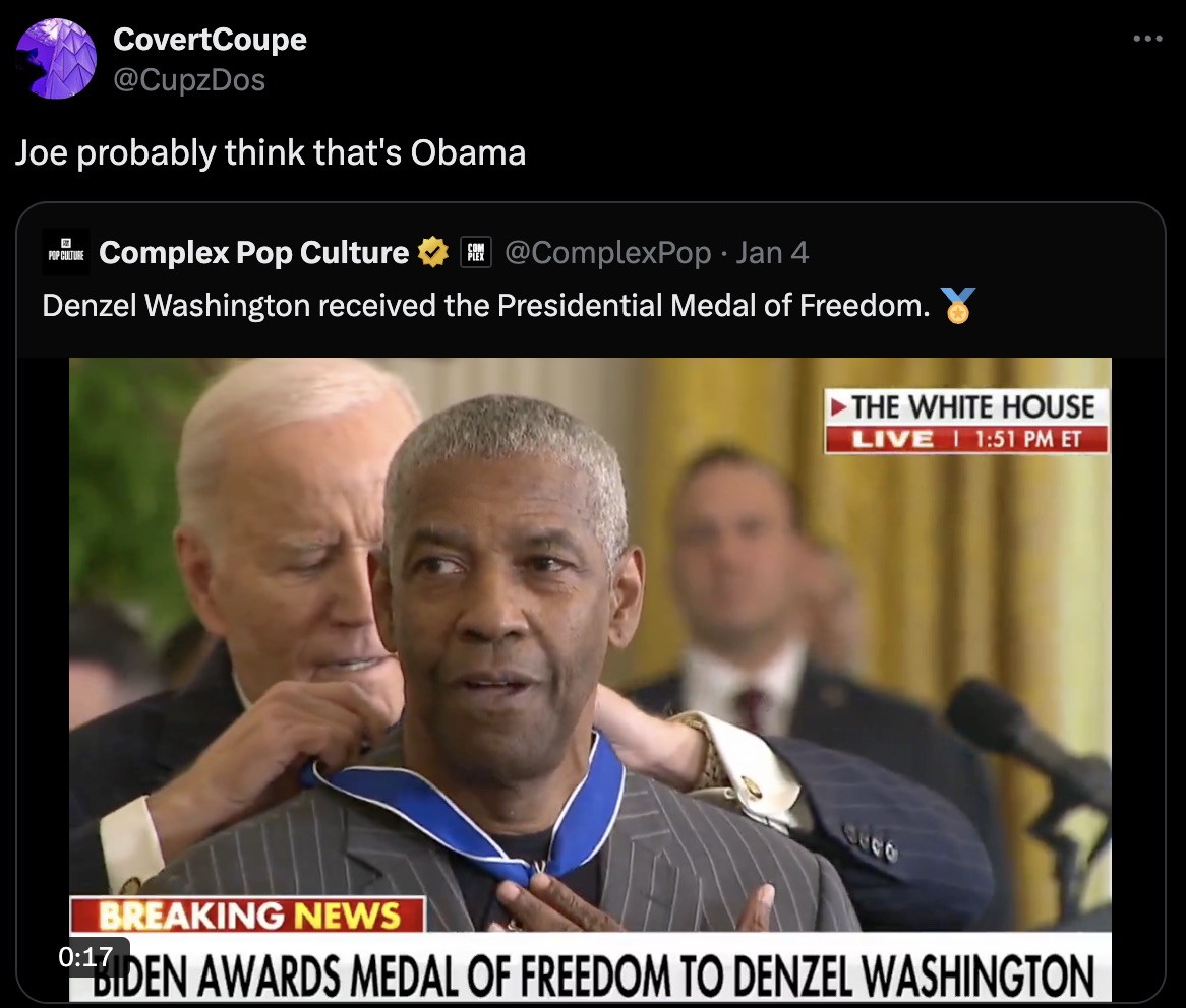 photo caption - Covert Coupe Joe probably think that's Obama Pop Culture Complex Pop Culture Jan 4 Denzel Washington received the Presidential Medal of Freedom. 8 The White House Live Et Breaking News Biden Awards Medal Of Freedom To Denzel Washington